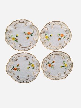 Vintage Society Doilies Embroidered Floral White with Gold Trim - Set of 4
